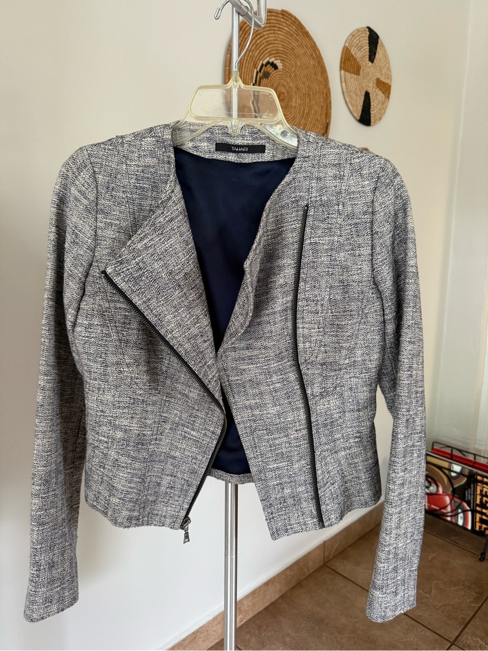 Tahari Gray Tweed Asymmetrical Open-Front Blazer